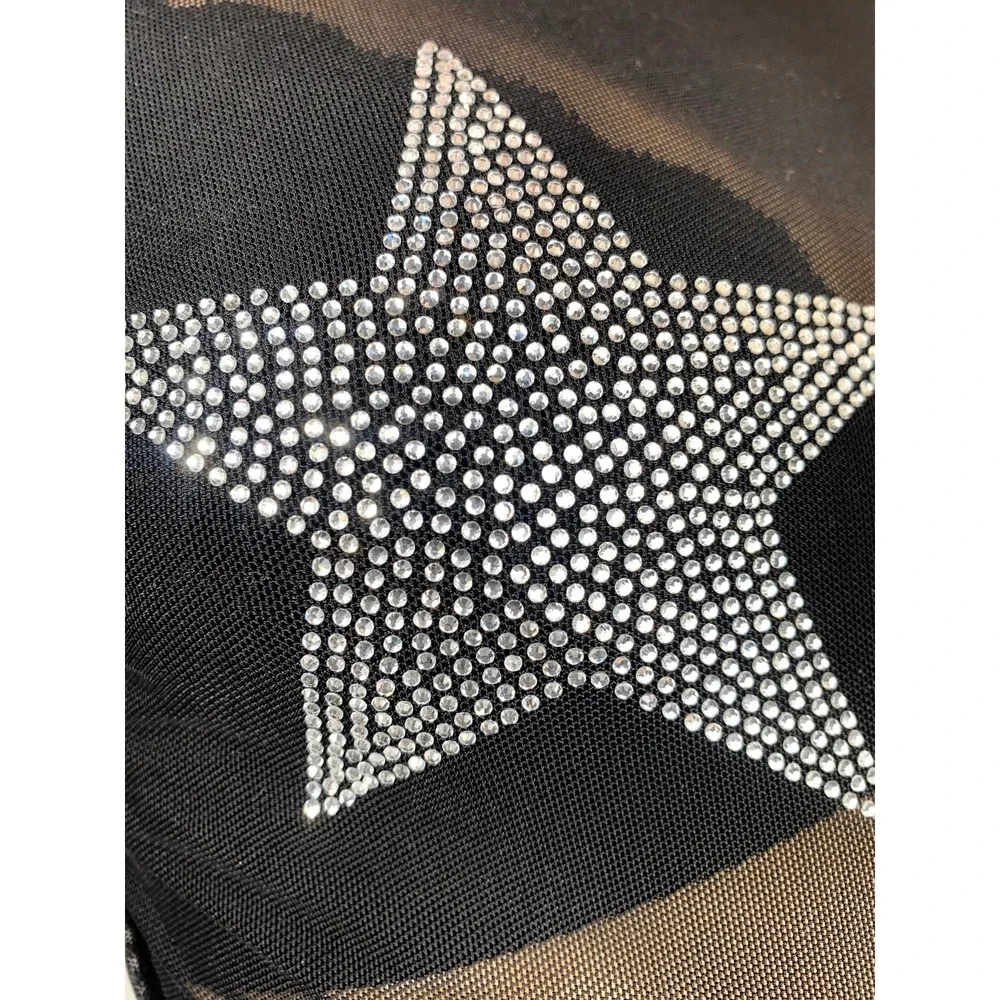 New Small Black Starry Night Sheer Jewel Long Sleeve Mesh Silver Long Sleeve Top